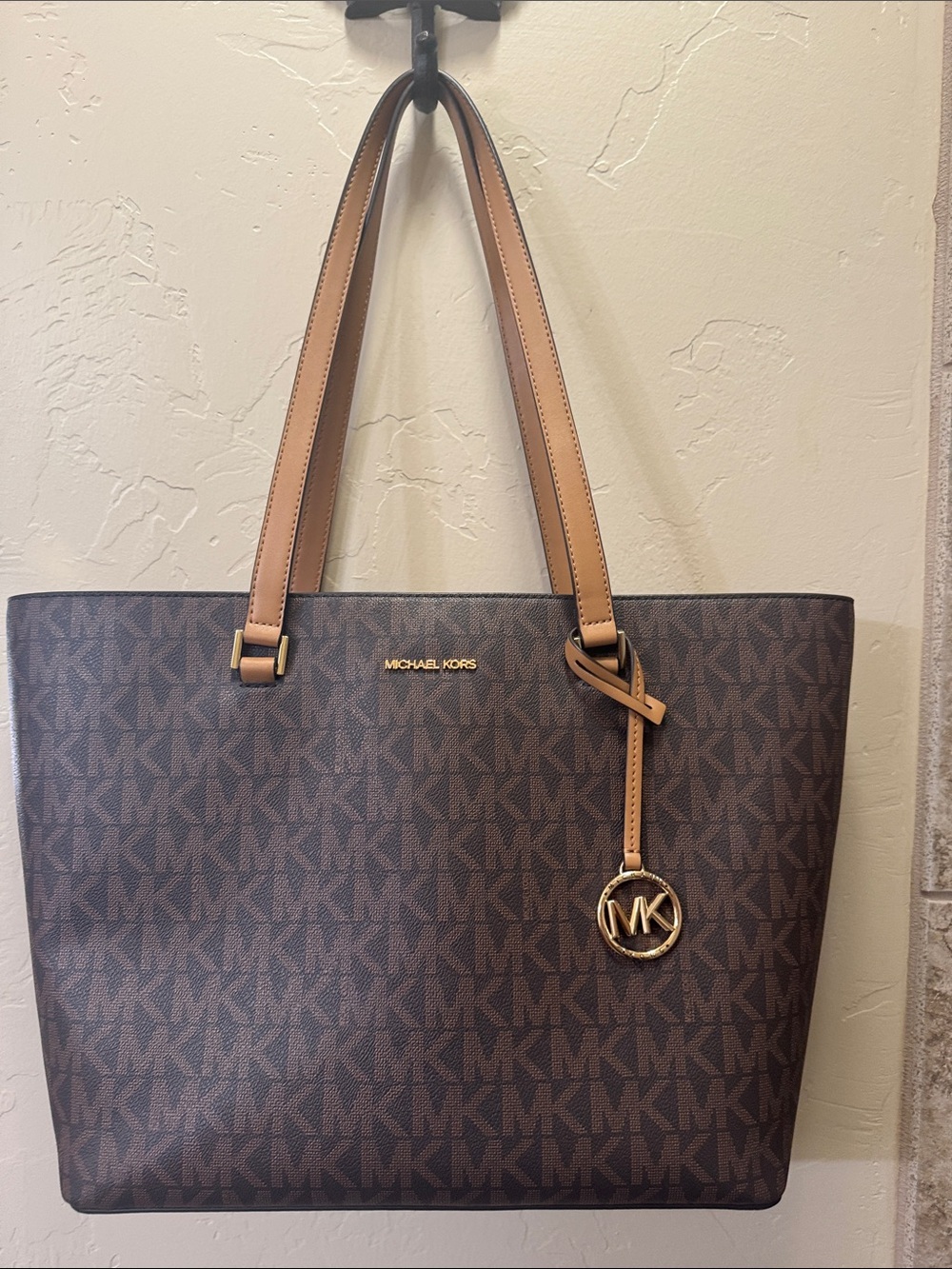 Michael Kors Brown MK Logo Tote with Tan Straps